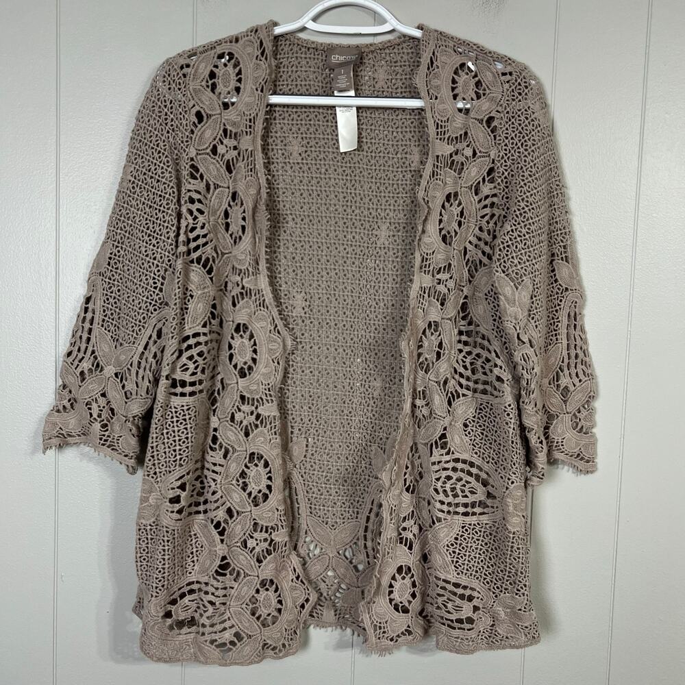 Chico’s Women Size 1 Medium Taupe Cotton Crochet Lace Open Front Cardigan